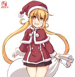 Rule 34 | 1girl, alternate costume, artist logo, black thighhighs, blonde hair, capelet, christmas, cowboy shot, dated, fur-trimmed headwear, fur trim, hair between eyes, hat, highres, kanon (kurogane knights), kantai collection, long hair, looking at viewer, low twintails, red hat, santa costume, santa hat, satsuki (kancolle), signature, simple background, solo, thighhighs, twintails, white background