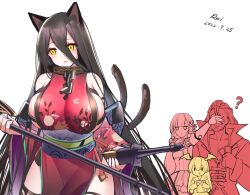 Rule 34 | 1boy, 3girls, ?, animal ears, artist name, black hair, blush, breasts, card, cat ears, cat girl, cat tail, chain, cleavage, clenched hands, collar, confused, covering another&#039;s eyes, cowboy shot, curvy, dated, dress, english text, expressionless, floral print, formonde urias (shadowverse), hair between eyes, highres, holding, holding card, holding weapon, japanese clothes, kimono, large breasts, long hair, looking to the side, metal collar, metal skin, mono garnet rebel, multiple girls, obi, partially colored, pelvic curtain, pink theme, print kimono, red dress, red kimono, red theme, sash, shadowverse, sideboob, simple background, smile, solo focus, staff, standing, sword, tail, tevali (shadowverse), thick thighs, thighs, vampy, watchdog rol (y1104280730), weapon, white background, yellow eyes, yellow theme