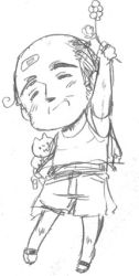 Rule 34 | bald spot, bandaid, bandaid on face, bandaid on forehead, cat, chibi, flower, greyscale, happy, himaruya hidekazu, holding, holding flower, l3, lowres, midriff peek, monochrome, open mouth, original, pectorals, sketch, smile, tank top, thick eyebrows, wrinkled skin