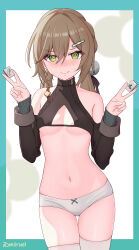 Rule 34 | 1girl, :&gt;, @ @, absurdres, adapted costume, aqua border, bare shoulders, black shirt, blush, border, breasts, cleavage, cleavage cutout, clothing cutout, commentary, cowboy shot, embarrassed, green eyes, grey hair, hair ornament, hairclip, hands up, highres, holding, holding mahjong tile, honkai: star rail, honkai (series), long hair, long sleeves, looking at viewer, mahjong, mahjong tile, midriff, miiruel, navel, nose blush, outside border, panties, pom pom (clothes), qingque (honkai: star rail), shirt, small breasts, smile, solo, standing, stomach, thighhighs, thighs, underwear, v, white panties, white thighhighs