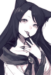 Rule 34 | 1girl, animal ears, bow, fingernails, imaizumi kagerou, jewelry, junwool, licking, licking hand, long fingernails, long hair, long sleeves, looking at viewer, monochrome, nail, simple background, sketch, smile, solo, tongue, tongue out, touhou, white background, wide sleeves, wolf ears