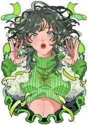 Rule 34 | 1girl, arms up, breasts, ear piercing, earrings, fingernails, green eyes, green ribbon, green theme, highres, jewelry, lips, long fingernails, long sleeves, looking at viewer, medium breasts, midriff, nail polish, original, parted lips, piercing, ponko517, red nails, ribbon, shadow, solo, upper body