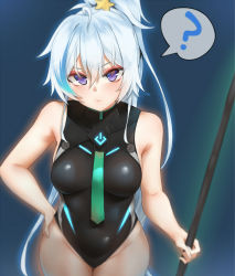 Rule 34 | 1girl, ?, bababababan, bare arms, bare shoulders, black leotard, breasts, commentary, ephnel, hair between eyes, holding, large breasts, leotard, long hair, looking at viewer, ponytail, purple eyes, silver hair, solo, soulworker, very long hair