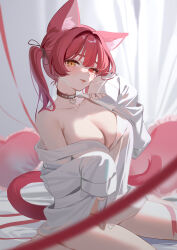 Rule 34 | 1girl, animal ears, bare shoulders, black choker, breasts, cat ears, cat girl, cat tail, choker, collarbone, heterochromia, highres, hololive, houshou marine, large breasts, naked shirt, open clothes, open shirt, red hair, ruiuncle, shirt, sitting, sleeves past wrists, solo, tail, virtual youtuber, wariza