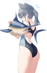 Rule 34 | 1girl, absurdres, angdo (kakajo26), animal ear fluff, animal ears, ass, black one-piece swimsuit, blue archive, blue eyes, breasts, competition swimsuit, cross hair ornament, extra ears, fish, from behind, grey hair, hair ornament, halo, highres, holding, looking at viewer, low ponytail, medium breasts, medium hair, mismatched pupils, multicolored clothes, multicolored swimsuit, official alternate costume, one-piece swimsuit, shiroko (blue archive), shiroko (swimsuit) (blue archive), simple background, solo, swimsuit, swordfish, white background, wolf ears