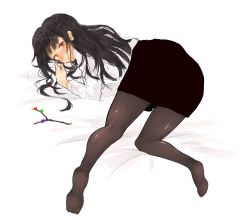 Rule 34 | 1girl, alternate costume, ass, ass focus, bed sheet, black hair, black pantyhose, blush, branch, highres, honi (honix3), houraisan kaguya, jeweled branch of hourai, long sleeves, looking at viewer, looking back, messy hair, no shoes, office lady, pantyhose, shiny clothes, shirt, sketch, solo, tareme, touhou, white shirt
