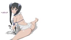 Rule 34 | 10s, 1girl, ass, back, backless outfit, barefoot, black hair, blue eyes, breasts, character name, dress, dungeon ni deai wo motomeru no wa machigatteiru darou ka, female focus, gloves, hair ribbon, hestia (danmachi), highres, huge ass, large breasts, leaning forward, long hair, looking at viewer, panties, rei no himo, ribbon, simple background, smile, solo, split, spread legs, tonotyama, translated, twintails, underwear, white background, white dress, white gloves, white panties