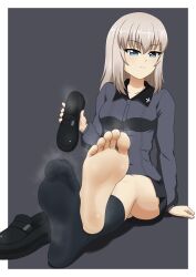 Rule 34 | 1girl, arm support, barefoot, black footwear, black socks, blonde hair, blue eyes, breasts, crossed legs, feet, flickmann ss, foot focus, frown, girls und panzer, grey hair, highres, holding, holding shoes, itsumi erika, loafers, medium breasts, medium hair, pleated skirt, shoes, simple background, single barefoot, single sock, sitting, skirt, socks, soles, solo, steaming body, straight hair, toes