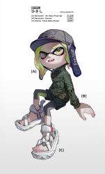 Rule 34 | 1girl, ange-yi, black hat, black shorts, english text, fangs, green hair, green jacket, hat, highres, hiking sandals, inkling, inkling girl, inkling player character, invisible chair, jacket, looking at viewer, nintendo, open mouth, orange eyes, sandals, short hair, shorts, simple background, sitting, solo, splatoon (series), suction cups, tentacle hair, white background