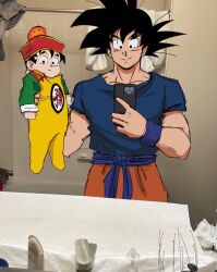 Rule 34 | 2boys, bathroom, bathtub, black eyes, blue shirt, cellphone, commentary, dougi, dragon ball, dragon ball (object), dragonball z, english commentary, father and son, faucet, gokutrash, hand up, highres, holding, holding phone, how to hold my baby redraw (meme), indoors, looking at viewer, male focus, meme, multiple boys, phone, photo-referenced, photo background, red headwear, shirt, sketch, smartphone, smile, soap bubbles, son gohan, son goku, spiked hair, squeeze bottle, upper body