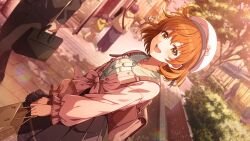 bag building game_cg hat idolmaster idolmaster_million_live! idolmaster_million_live!_theater_days official_art open_mouth orange_eyes orange_hair pants private_dress_(idolmaster_million_live!) skirt tree yabuki_kana