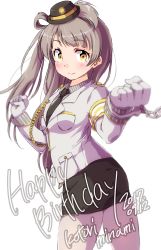 Rule 34 | 1girl, armband, black hat, black necktie, black skirt, blush, breast pocket, chain, character name, clenched hands, cuffs, dated, female service cap, gloves, gold chain, grey hair, handcuffs, happy birthday, hat, highres, jacket, long hair, long sleeves, looking at viewer, love live!, love live! school idol festival, love live! school idol project, minami kotori, miniskirt, necktie, one side up, pantyhose, pocket, police, police uniform, policewoman, sen (sen0910), skirt, smile, solo, uniform, white background, white gloves, white jacket, white pantyhose, yellow eyes