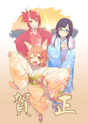 Rule 34 | 3girls, animal ear fluff, animal ears, black hair, blue eyes, blush, folded ponytail, fur, glasses, grin, horns, izumi sai, japanese clothes, kimono, leg up, long hair, looking at viewer, multiple girls, new year, obi, one eye closed, orange hair, original, outstretched arms, red eyes, red hair, sandals, sash, sharp teeth, short hair, smile, spread arms, standing, standing on one leg, teeth, yellow eyes