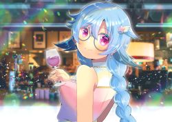 Rule 34 | 1girl, alcohol, bare shoulders, blue-framed eyewear, blue hair, blurry, blurry background, blush, braid, breasts, character request, closed mouth, cup, depth of field, drinking glass, glasses, hair between eyes, hair ornament, hand up, holding, holding cup, indie virtual youtuber, kou hiyoyo, long hair, looking at viewer, looking back, pink shirt, purple eyes, round eyewear, shirt, single braid, sleeveless, sleeveless shirt, small breasts, smile, solo, star (symbol), star hair ornament, virtual youtuber, wine, wine glass