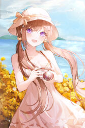 Rule 34 | 1girl, absurdres, bare shoulders, beach, bird, blurry, blurry background, blush, bow, breasts, brown bow, brown hair, bucket hat, camera, cleavage, cloud, collarbone, commentary, cowboy shot, crossed bangs, day, dress, floating hair, flower, fu u03, hair between eyes, hair ornament, hairclip, hat, hat bow, hat ribbon, highres, holding, holding camera, horizon, long hair, looking at viewer, low twintails, medium breasts, ocean, open mouth, original, outdoors, purple eyes, ribbon, sidelocks, sky, smile, solo, spaghetti strap, summer, sundress, twintails, white hat, yellow flower