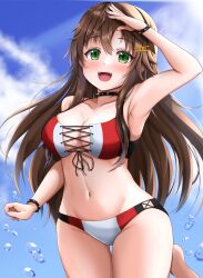 Rule 34 | 1girl, absurdres, bikini, blue nails, blue sky, bracelet, breasts, brown hair, cleavage, cloud, commentary request, cowboy shot, front-tie bikini top, front-tie top, green eyes, hachi7515, hair ornament, hairclip, highres, himekawa yuki, idolmaster, idolmaster cinderella girls, jewelry, large breasts, long hair, multicolored bikini, multicolored clothes, nail polish, sky, smile, solo, swimsuit, thigh gap