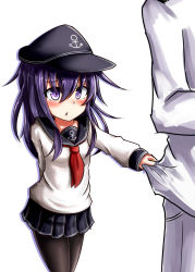 Rule 34 | 1boy, 1girl, admiral (kancolle), akatsuki (kancolle), anchor symbol, arm behind back, bad id, bad pixiv id, black hat, black pantyhose, black skirt, blush, commentary request, cowboy shot, flat cap, hair between eyes, hat, kantai collection, long hair, long sleeves, neckerchief, nose blush, outstretched arm, pants, pantyhose, parted lips, pleated skirt, purple eyes, purple hair, red neckerchief, reitou mikan, school uniform, serafuku, shirt, shirt tug, simple background, skirt, sleeves past wrists, solo focus, standing, white background, white pants, white shirt