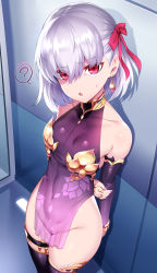 Rule 34 | 1girl, ?, arm behind back, armlet, armor, bare shoulders, bikini armor, blush, bottomless, breasts, collar, collarbone, commentary request, covered navel, dress, earrings, fate/grand order, fate (series), floral print, hair ribbon, highres, jewelry, kama (fate), kama (first ascension) (fate), looking at viewer, m-da s-tarou, metal collar, nail polish, no panties, open mouth, pelvic curtain, purple dress, red eyes, red ribbon, ribbon, short hair, silver hair, small breasts, spoken question mark, thighlet, thighs