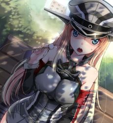 Rule 34 | 10s, 1girl, akasaai, bare shoulders, bench, bismarck (kancolle), blonde hair, blue eyes, blush, breasts, dappled sunlight, detached sleeves, dutch angle, hat, kantai collection, large breasts, long hair, looking at viewer, military, military hat, military uniform, mimikaki, open mouth, park bench, peaked cap, personification, sitting, solo, sunlight, sweatdrop, uniform
