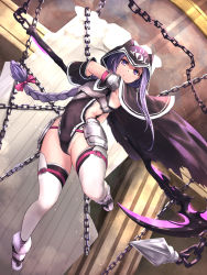 Rule 34 | 1girl, braid, butter curry, cape, chain, cloak, covered navel, fate/grand order, fate (series), harpe, highres, holding, holding scythe, holding weapon, hood, hooded cloak, leotard, long braid, long hair, looking at viewer, medusa (fate), medusa (lancer) (fate), medusa (rider) (fate), purple eyes, purple hair, rider, scythe, single braid, solo, thighhighs, very long hair, weapon, white thighhighs