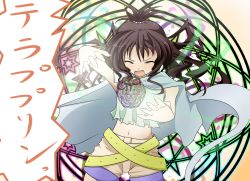 Rule 34 | 1girl, ^ ^, bad id, bad pixiv id, belt, brown hair, cape, casting spell, closed eyes, closed eyes, magic circle, navel, open mouth, shorts, solo, tenpesuto, to love-ru, topknot, yuuki mikan