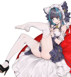 Rule 34 | 1girl, absurdres, animal ears, aqua eyes, azur lane, bare shoulders, black forest cake, black hair, blue hair, blue nails, blush, breasts, cake, cheshire (azur lane), detached sleeves, fang, feet, food, frilled hairband, frills, hairband, highres, large breasts, maid headdress, multicolored hair, nail polish, open mouth, pepperdevil, puffy sleeves, ribbon, short hair, sidelocks, simple background, sitting, smile, solo, streaked hair, thighhighs, thighhighs pull, thighs, white background, white thighhighs, wrist cuffs