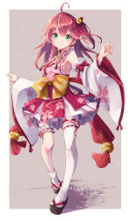 Rule 34 | 1girl, absurdres, ahoge, armpits, bell, bridal garter, cherry blossom print, closed mouth, detached sleeves, floral print, full body, green eyes, hair bell, hair ornament, hairclip, highres, hololive, long hair, looking at viewer, ninniku mashimashi, one side up, paw print, paw print pattern, pink hair, sakura miko, sakura miko (1st costume), sandals, single thighhigh, smile, solo, thighhighs, virtual youtuber, white thighhighs, x hair ornament
