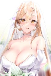 Rule 34 | 1girl, bare shoulders, blonde hair, blush, bouquet, breasts, bridal veil, bride, choker, cleavage, collarbone, commentary request, dress, earrings, fang, flower, hair between eyes, hair flower, hair ornament, highres, holding, holding bouquet, jewelry, kanzarin, large breasts, long hair, looking at viewer, nijisanji, nui sociere, open mouth, skin fang, smile, solo, upper body, veil, virtual youtuber, wedding dress, white choker, yellow eyes