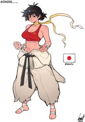 1girl baggy_pants barefoot belt black_belt black_eyes black_hair breasts character_name choker cleavage clenched_hands clothes_around_waist commentary dougi english_commentary foot_wraps frown full_body ginseng_(xin) groin hand_wraps highres japanese_flag makoto_(street_fighter) medium_breasts messy_hair midriff navel pants red_sports_bra ribbon_choker short_hair short_ponytail sideboob solo sports_bra street_fighter tomboy toned twitter_username white_background yellow_choker