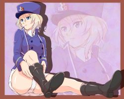 Rule 34 | 10s, 1girl, adjusting footwear, bc freedom (emblem), bc freedom military uniform, black footwear, blonde hair, blue eyes, blue jacket, blue vest, boots, closed mouth, commentary request, crotch seam, egooo, emblem, full body, girls und panzer, girls und panzer saishuushou, hat, high collar, jacket, leg up, long sleeves, looking to the side, military, military hat, military uniform, oshida (girls und panzer), panties, pantyshot, pleated skirt, shadow, shako cap, short hair, sitting, skirt, solo, underwear, uniform, vest, white panties, white skirt, zoom layer