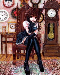 Rule 34 | 1girl, animal ears, brown hair, cat ears, cat tail, gothic lolita, kabaji, lolita fashion, looking at viewer, original, smile, solo, tail, thighhighs, traditional media