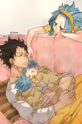 Rule 34 | 2boys, 2girls, baby, black hair, blue hair, blush, brother and sister, child, couch, couple, earrings, closed eyes, fairy tail, family, father and daughter, father and son, gajeel redfox, headband, jewelry, levy mcgarden, lying, mother and daughter, mother and son, motherly, multiple boys, multiple girls, open mouth, pillow, quartet, rusky, short hair, siblings, sleeping, smile, twins