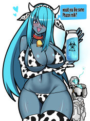 Rule 34 | 1girl, 1other, animal ears, animal print, armor, bell, bikini, biohazard symbol, blue eyes, blue hair, blue skin, blush, bottle, breasts, cleavage, collar, colored skin, cow ears, cow horns, cow print, cow print bikini, cow print gloves, cow print thighhighs, cup, dark samus, drink, drinking glass, highres, horns, iriomote umineko, jar, large breasts, long hair, looking at viewer, looking to the side, metroid, milk, naughty face, navel, nintendo, phazon, power armor, presenting, print bikini, print gloves, print thighhighs, radioactive, smile, spacesuit, speech bubble, straight hair, sweatdrop, swimsuit, thick thighs, thighhighs, thighs, white background, wide hips