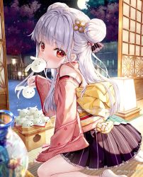 Rule 34 | 1girl, black skirt, blurry, blurry foreground, bow, commentary request, depth of field, detached sleeves, double bun, eating, food, food in mouth, frilled skirt, frills, from side, fujima takuya, full moon, grey hair, hair bun, holding, holding food, indoors, isekai ni tobasaretara papa ni nattandaga, japanese clothes, kimono, long hair, long sleeves, looking at viewer, looking to the side, moon, mouth hold, no shoes, obi, orurea (isepapa), pink kimono, pink sleeves, pleated skirt, red eyes, ribbon-trimmed sleeves, ribbon trim, sash, skirt, sleeveless, sleeveless kimono, sleeves past wrists, socks, soles, solo, tabi, twitter username, very long hair, white socks, wide sleeves, yellow bow