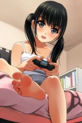Rule 34 | 1girl, barefoot, black eyes, black hair, blush, child, controller, dualshock, feet, flat chest, foot focus, foreshortening, game console, game controller, gamepad, highres, indoors, long hair, looking at viewer, matsunaga kouyou, on bed, open mouth, original, playstation 4, playstation controller, product placement, smile, soles, solo, toes, twintails