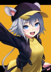 Rule 34 | 1girl, absurdres, animal ears, arknights, baseball cap, black hat, black jacket, blue eyes, blush, click (arknights), commentary request, ears through headwear, grey hair, hair between eyes, hat, highres, holding, jacket, kaminokado akira, long sleeves, looking at viewer, mouse ears, mouse girl, mouse tail, open mouth, shirt, short hair, smile, solo, tail, teeth, two-tone background, two-tone headwear, upper body, upper teeth only, yellow background, yellow shirt