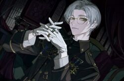 Rule 34 | 1boy, antique phone, black vest, buckle, candle, closed mouth, collared shirt, dark background, feernze19, glasses, gloves, highres, indoors, interlocked fingers, jewelry, long sleeves, looking at viewer, male focus, military, military uniform, mole, mole under eye, multiple rings, parted bangs, phone, ring, shirt, short hair, sitting, solo, tears of themis, uniform, upper body, vest, vyn richter (tears of themis), white gloves, white hair, window, yellow eyes