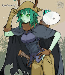 Rule 34 | 1girl, absurdres, adjusting clothes, adjusting headwear, adventure time, arm up, asymmetrical gloves, averting eyes, blue cloak, blue tunic, blush, breasts, brown gloves, brown headwear, brown pants, cloak, colored skin, corset, cowboy shot, dated, english text, gloves, green eyes, green hair, green skin, grin, hand on own hip, head scarf, highres, huntress wizard, knife, knife sheath, leaf, medium breasts, medium hair, mismatched gloves, no mask, pants, parted lips, partially fingerless gloves, plant hair, sheath, sheathed, shin (ultramarine430), signature, slit pupils, smile, solo, speech bubble, sweat, talking
