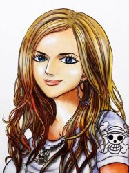 Rule 34 | 1girl, avril lavigne, blue eyes, brown hair, earrings, jewelry, necklace, oda eiichirou, official art, one piece
