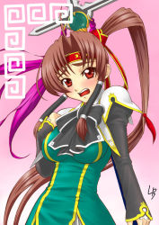 Rule 34 | 00s, 1girl, bachou, blush, breasts, brown hair, double vertical stripe, embarrassed, hair ornament, headband, impossible clothes, impossible shirt, koihime musou, large breasts, lb, long hair, open mouth, ponytail, red eyes, ribbon, shirt, solo, very long hair