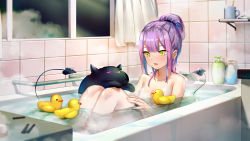 Rule 34 | 1girl, bathing, bathtub, bibi (tokoyami towa), breasts, censored, censored nipples, convenient censoring, creature, cup, curtains, demon tail, fang, green eyes, highres, hololive, indoors, knees up, looking down, medium breasts, mr.lime, mug, multicolored hair, nail polish, night, nude, open mouth, pointy ears, purple hair, rubber duck, shampoo bottle, sidelocks, sitting, solo, steam, tail, tokoyami towa, two-tone hair, virtual youtuber, window