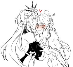 Rule 34 | 2girls, blush, character request, closed eyes, closed mouth, commentary, dress, greyscale, hair ornament, hand on another&#039;s arm, hand on another&#039;s face, heart, honkai (series), honkai impact 3rd, kiss, kissing eye, long hair, monochrome, multiple girls, off-shoulder dress, off shoulder, salt66666, spot color, sweatdrop, upper body, yuri