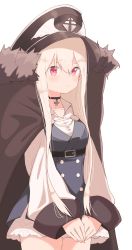 Rule 34 | 1girl, belt, belt buckle, black belt, black choker, blue jacket, blush, brown cape, brown hat, buckle, cape, choker, closed mouth, collarbone, commentary, cross, dress, eyebrows hidden by hair, fur-trimmed cape, fur trim, girls&#039; frontline, hair between eyes, hat, highres, iron cross, jacket, kar98k (girls&#039; frontline), light brown hair, long hair, long sleeves, peaked cap, red eyes, simple background, sleeves past wrists, solo, tosyeo, v arms, very long hair, white background, white dress