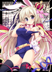 Rule 34 | 1girl, animal ears, bare shoulders, beads, belt, black border, black thighhighs, blonde hair, blush, border, bow, bowtie, breasts, cape, checkered background, cleavage, covered navel, crown, gem, hair bow, hair ornament, hand on own cheek, hand on own face, heart, jewelry, long hair, looking at viewer, nagayama yuunon, one-piece swimsuit, original, purple eyes, rabbit ears, red cape, rod, school swimsuit, smile, solo, strap pull, stuffed animal, stuffed toy, swimsuit, thighhighs, very long hair, wrist cuffs