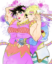 Rule 34 | 2boys, battle tendency, blonde hair, blue eyes, blue jacket, brown hair, caesar anthonio zeppeli, crossdressing, dress, facial mark, feather hair ornament, feathers, fingerless gloves, gloves, green eyes, hair ornament, headband, highleg, highleg leotard, jacket, jojo no kimyou na bouken, joseph joestar, joseph joestar (tequila), joseph joestar (young), kozakura (i s 15), leotard, male focus, multiple boys, muscular, muscular male, official alternate costume, one eye closed, pants, striped clothes, striped pants, triangle print