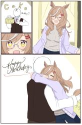 Rule 34 | + +, 1boy, 1girl, aged up, alternate costume, animal ears, bespectacled, birthday cake, blue pants, blush, brown hair, brown sweater, cake, casual, closed eyes, comic, commentary request, cooking, cowboy shot, de gutaoru, ear ornament, english text, food, glasses, hair ornament, hairclip, happy birthday, highres, horse ears, horse girl, horse tail, hug, long hair, matikane tannhauser (umamusume), multicolored hair, open mouth, pants, round eyewear, semi-rimless eyewear, smile, streaked hair, sweater, tail, trainer (umamusume), turtleneck, turtleneck sweater, umamusume, white background, white hair, yellow eyes