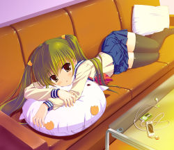 Rule 34 | 1girl, brown eyes, cable, cable divider, couch, digital media player, green hair, headphones, highres, ipod, lying, md5 mismatch, on side, original, pillow, saitou tsukasa, school uniform, serafuku, skirt, solo, thighhighs, twintails, zettai ryouiki