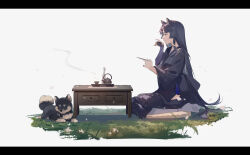 Rule 34 | 1girl, absurdres, animal, animal ears, arknights, azure silan, black dog, black hair, black kimono, chinese commentary, closed mouth, commentary request, dog, drawer, drink, from side, full body, grass, hand up, highres, holding, holding drink, holding saucer, japanese clothes, kimono, letterboxed, long hair, long sleeves, looking down, pantyhose, plant, profile, saga (arknights), saucer, seiza, simple background, sitting, smile, solo, steam, tea, very long hair, white background, white pantyhose, wide sleeves
