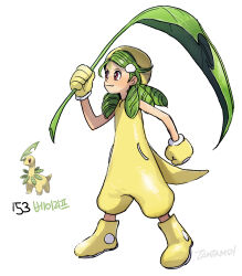 1girl bayleef bodysuit boots clenched_hand closed_mouth commentary creatures_(company) drill_hair full_body game_freak gen_2_pokemon gloves green_hair highres holding holding_leaf leaf long_hair nintendo personification pokemon pokemon_(creature) red_eyes reference_inset simple_background smile standing tamtamdi translated white_background yellow_bodysuit yellow_boots yellow_gloves