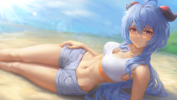 Rule 34 | 1girl, ahoge, alternate costume, bare arms, bare legs, beach, blue hair, blue sky, blush, breasts, cleavage, closed mouth, day, feet out of frame, ganyu (genshin impact), genshin impact, goat horns, gradient eyes, grey shorts, hair between eyes, hand on own thigh, highres, horns, large breasts, lens flare, long hair, lying, multicolored eyes, navel, ocean, on side, outdoors, purple eyes, sand, short shorts, shorts, sky, smile, solo, sports bra, stomach, stormstx, summer